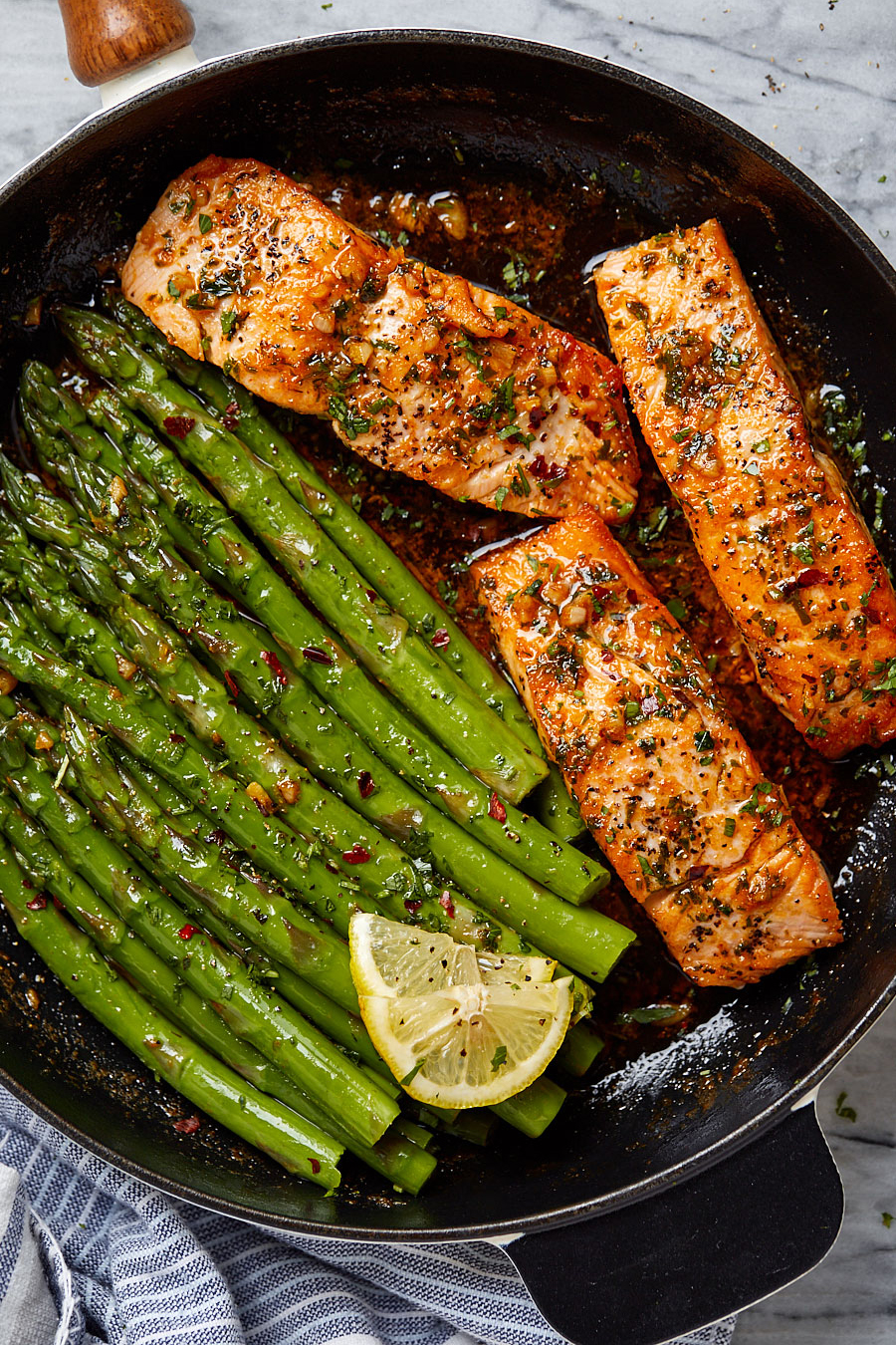 Garlic Butter Salmon with Lemon Asparagus Skillet