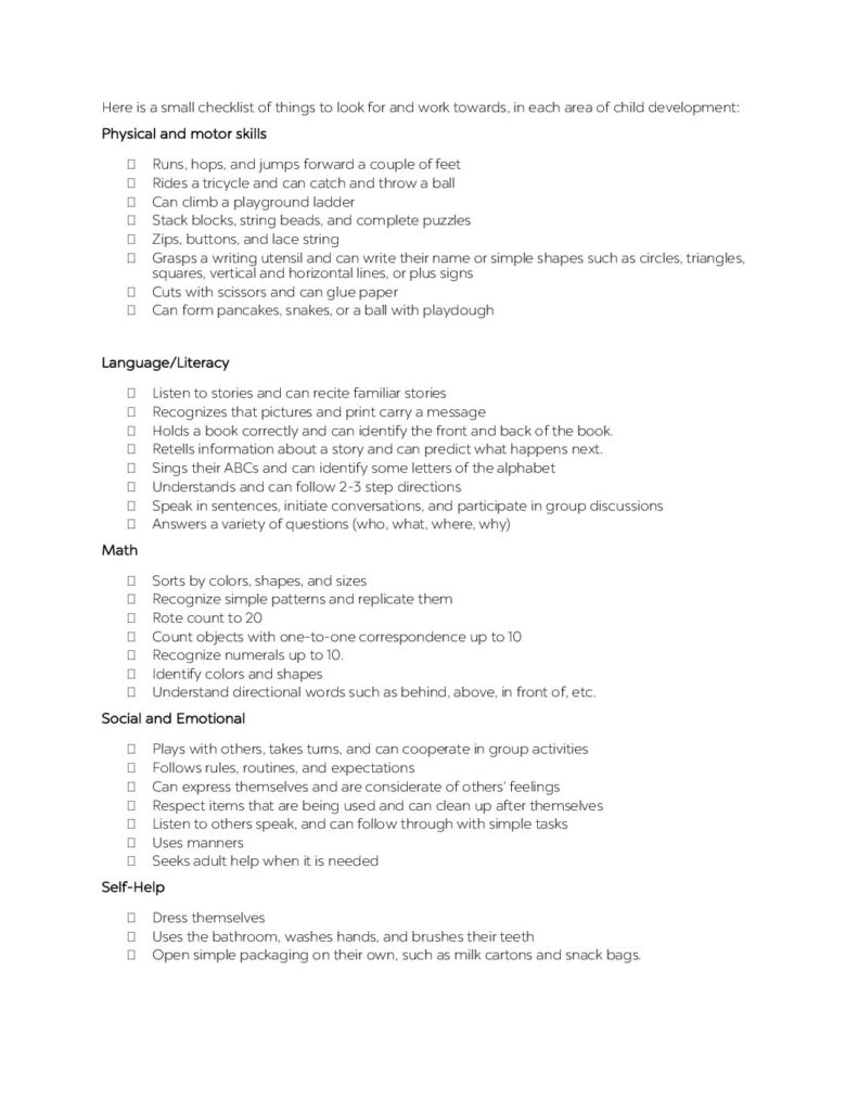 Kindergarten ready check list